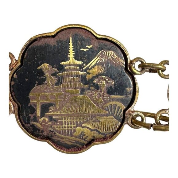 Vintage Japanese Damascene Necklace Graduated Scenic Panels Floral Pagoda 15.5" - Picture 6 of 10
